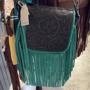 Montana West Teal Fringe Crossbody Bag with Black Floral Tooled Flap
